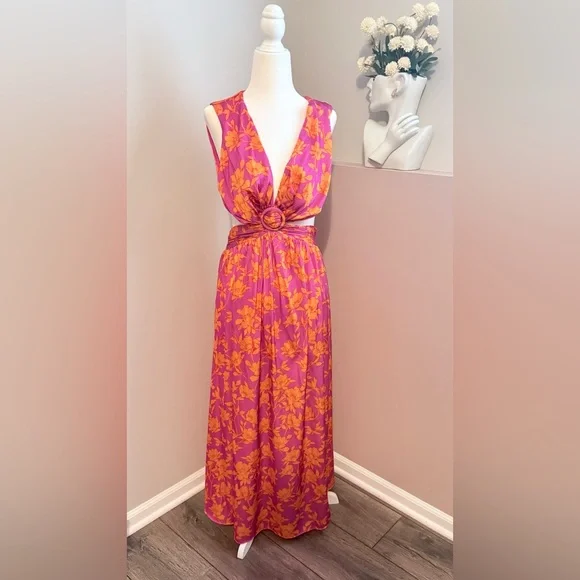 Hello Molly Women’s Size 6 (Medium) Pink and Orange Floral Summer Midi Dress - Picture 4 of 9